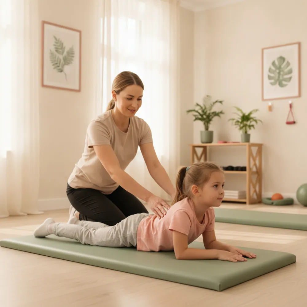 Criança em exercício de correção postural guiada por fisioterapeuta